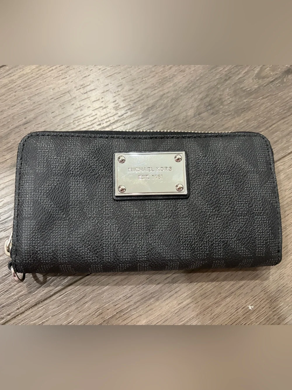 Michael Kors Black Pebbled Leather Continental Wallet with Silver Plate